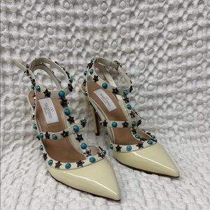 Valentino Cream and Turquoise Studded Heels